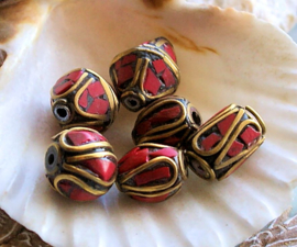 1 handmade Tibetan Bead: Brass with Red Coral - various options R2