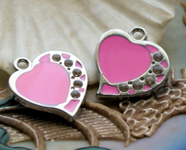 1 Enamel Charm: Heart - 22 mm - Pink + Rhinestones