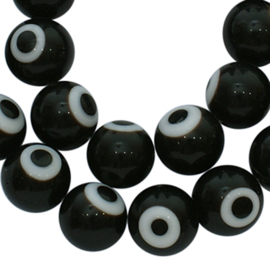 set/10 Kralen: Eye Beads Glas - Rond - ca 10 mm - Zwart Wit