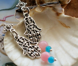 Pair of C&G Earrings: Hamsa Hand with real Jade + Chalcedony