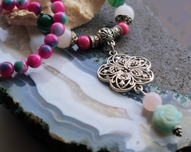 C&G Collier: Roze Groen Jade & Bloem Hanger met Rozenkwarts + Aventurijn