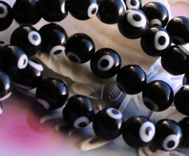 set/10 Kralen: Eye Beads Glas - Rond - ca 10 mm - Zwart Wit