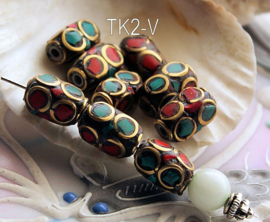 1 handmade Tibetan Bead: Brass with Turquoise & Red Coral - various options - TK2