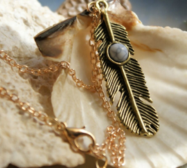 Feather Pendant with White Howlite - complete with Necklace - Gold Tone