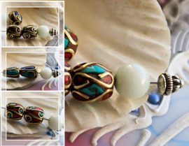 1 handmade Tibetan Bead: Brass with real Lapis Lazuli and/or Turquoise & Coral  - var. options - D