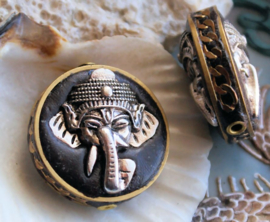 1 Prayerbead from Nepal: Ganesh - 29 mm - Black with Silver/Brass