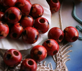 set/15 beads: Wood - Flower - Round - 9 mm - Tomato-Red - Art Craft