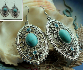 Pair of Earrings: Ornament - Antique Silver Tone + Turquoise Howlite - 60 mm