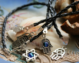 Set/5 Bracelets: Hamsa Evil Eye Fatima - Black Faux Leather + Antique Silver Tone