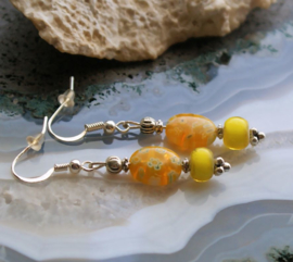 C&G Earrings: Antique White Heart Tradebeads & Millefiori - Yellow