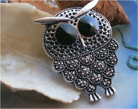 Large Pendant: Owl - 49 mm - Antique Silver tone + Black