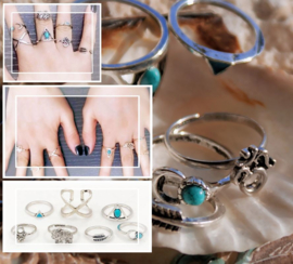 set/7 Ringen en Knokkelringen - Antiek Zilver & Turquoise kleur