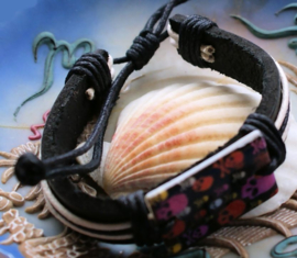 Bracelet: Skulls on Mother of Pearl - Genuine Leather, Cord & Shell - Punk Rock