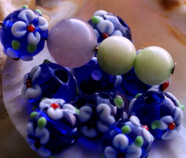 1 Lampwork bead - Flowers - Round - 11x10 mm - Cobalt Blue