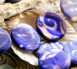 set/3 large beads: Mother of Pearl Shell - Coin - 24 mm - Violet-Purple White