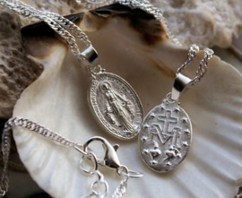 Pendant on Necklace: Mary Sacred Heart Jesus - Silver tone or Gold tone in 2 sizes