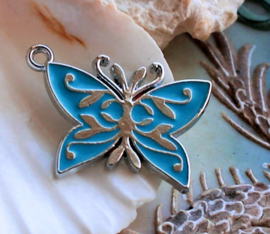 1 Enamel Pendant: Butterfly -  29 mm - Aqua Blue