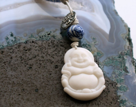 C&G Leather Cord Necklace: Serpentine Buddha & Porcelain beads