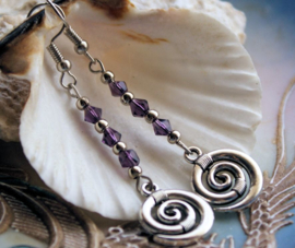 Pair of long Earrings with Celtic/Maori/Spiritual Spiral - Antique Silver tone and Purple