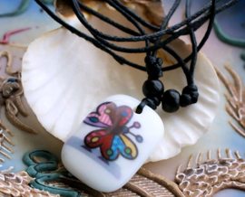 Butterfly Pendant on Cord Necklace - Off White + Multi