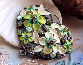 Beautiful Large Pendant: HEART wit Flowers & Crystals - Green Yellow-Cream