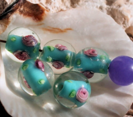 set/3 Mooie Lampwork Kralen - ROOS - Rond - 12 mm - Aqua Blauw