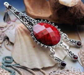Lovely, Long Pendant in Antique Silver Tone & Red - 92 mm