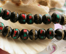 BONE:  set/2 Tibetan Beads - 8x6 mm - Black - Brass or Turquoise+Coral Inlay