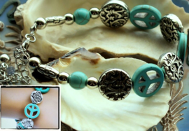Armband: Peace - Turquoise Howliet + Antiek Zilver Kleur - Verstelbaar