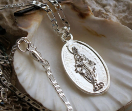 Pendant on Necklace: Mary Sacred Heart Jesus - Silver tone or Gold tone in 2 sizes