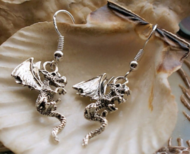 Pair of Earrings: 3D Dragon - Antique Silver Tone - 40 mm