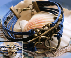 Armband 'Blauw Brons' 4-rij in Imitatie Suède/Leer - Infinity Hartjes