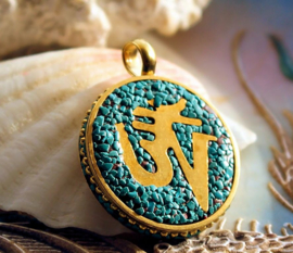 1 Pendant from Nepal: Ohm Symbol/Mantra - 36 mm - Turquoise/Coral and Brass