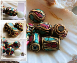 1 handmade Tibetan Bead: Brass with Turquoise & Red Coral - various options - TK2