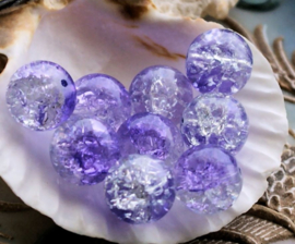 set/6 beads: Crackle Glass - Round - 12 mm - Purple + Transparant