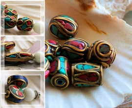 1 handmade Tibetan Bead: Brass with Turquoise & Red Coral - various options - TK3