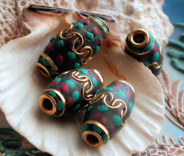 1 Prayerbead from Nepal: 25 mm - Turquoise, Coral and Gold tone