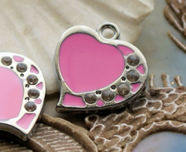 1 Enamel Charm: Heart - 22 mm - Pink + Rhinestones