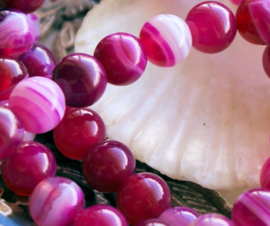 set/7 beads: Stripe Agate - Round - 8,4 mm - Cyclame Pink & White