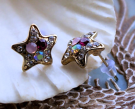 Pair of Earrings: Star Rhinestones - Goldtone & Multi colour