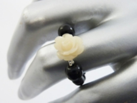 Flex Ring with ROSE - size: 17-19 mm - Black and Off White