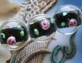 set/3 Mooie Lampwork Kralen - ROOS - Rond - 12 mm - Zwart