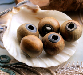set/5 Large Beads: Wood - Round - approx 15x12,5 mm - Natural with Black