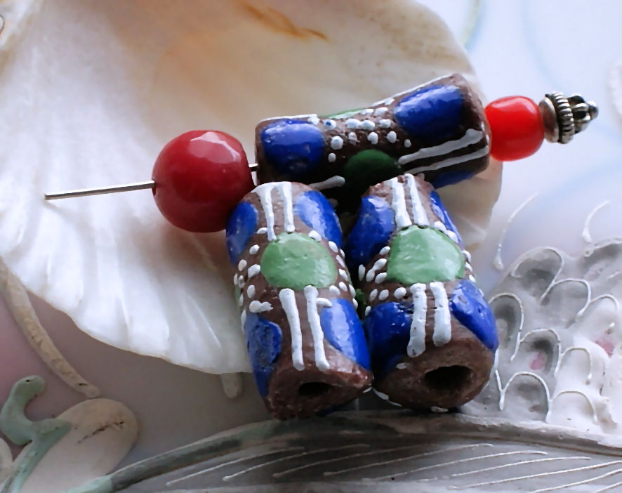1 Grote Krobo TRADE BEAD - Handelskraal uit Ghana - Glas - ca 22-24 mm - Bruin Blauw Groen Wit