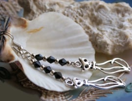 Pair of long Earrings: Cat - Antique Silver tone and Black