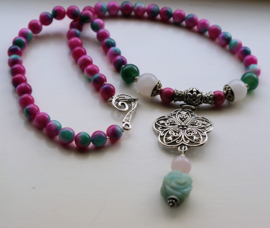 C&G Collier: Roze Groen Jade & Bloem Hanger met Rozenkwarts + Aventurijn