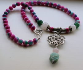 C&G Gemstone Necklace: Pink/Green Jade & Flower Pendant with Rose Quartz + Green Aventurine Rose