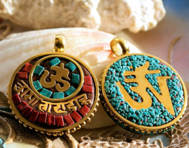 1 Pendant from Nepal: Ohm Symbol/Mantra - 36 mm - Turquoise/Coral and Brass