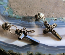 C&G Pendant: Double Crucifix - Hematite & Antique Silver Tone Metal - 52 mm