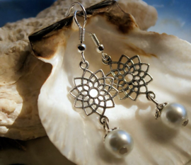Pair of C&G Earrings: Dangling Lotus Flower and Pearl